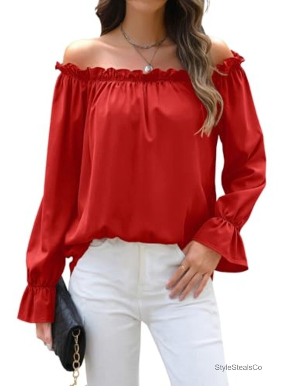 Off Shoulder Ruffle Long Sleeve Blouse Loose Fit Casual Top